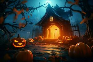 Haunted house on halloween celebration concept. Spooky house halloween background with deserted building and pumpkin. Scary house with creepy building at night by AI generated photo