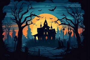 Haunted house on halloween celebration concept. Spooky house halloween background with deserted building and pumpkin. Scary house with creepy building at night by AI generated photo