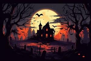 Haunted house on halloween celebration concept. Spooky house halloween background with deserted building and pumpkin. Scary house with creepy building at night by AI generated photo