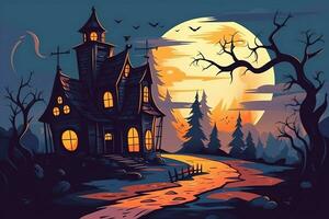 Haunted house on halloween celebration concept. Spooky house halloween background with deserted building and pumpkin. Scary house with creepy building at night by AI generated photo
