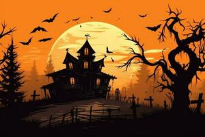 Haunted house on halloween celebration concept. Spooky house halloween background with deserted building and pumpkin. Scary house with creepy building at night by AI generated photo