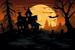 Haunted house on halloween celebration concept. Spooky house halloween background with deserted building and pumpkin. Scary house with creepy building at night by AI generated photo