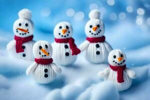 five snowmen are knitted together in a row. AI-Generated photo