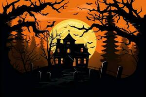 Haunted house on halloween celebration concept. Spooky house halloween background with deserted building and pumpkin. Scary house with creepy building at night by AI generated photo