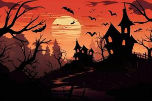 Haunted house on halloween celebration concept. Spooky house halloween background with deserted building and pumpkin. Scary house with creepy building at night by AI generated photo