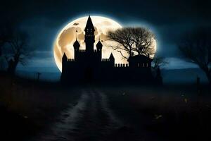 halloween castle in the dark with full moon. AI-Generated photo