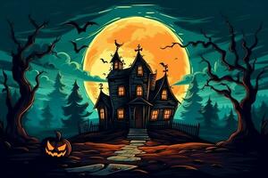 Haunted house on halloween celebration concept. Spooky house halloween background with deserted building and pumpkin. Scary house with creepy building at night by AI generated photo