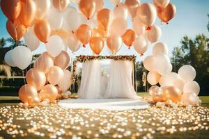 a wedding ceremony with balloons and white tulle. AI-Generated photo