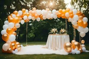 an outdoor wedding arch with white and gold balloons. AI-Generated photo