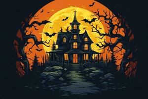 Haunted house on halloween celebration concept. Spooky house halloween background with deserted building and pumpkin. Scary house with creepy building at night by AI generated photo