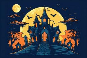 Haunted house on halloween celebration concept. Spooky house halloween background with deserted building and pumpkin. Scary house with creepy building at night by AI generated photo