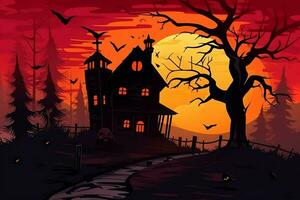 Haunted house on halloween celebration concept. Spooky house halloween background with deserted building and pumpkin. Scary house with creepy building at night by AI generated photo