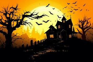 Haunted house on halloween celebration concept. Spooky house halloween background with deserted building and pumpkin. Scary house with creepy building at night by AI generated photo