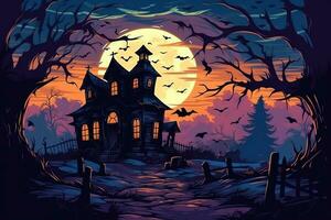 Haunted house on halloween celebration concept. Spooky house halloween background with deserted building and pumpkin. Scary house with creepy building at night by AI generated photo