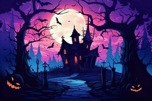 Haunted house on halloween celebration concept. Spooky house halloween background with deserted building and pumpkin. Scary house with creepy building at night by AI generated photo