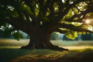 the sun shines through the leaves of a large tree. AI-Generated photo