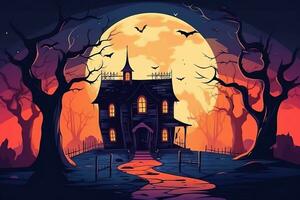 Haunted house on halloween celebration concept. Spooky house halloween background with deserted building and pumpkin. Scary house with creepy building at night by AI generated photo