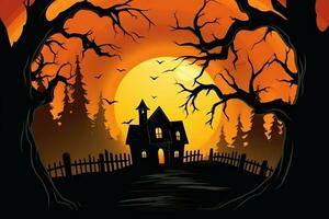 Haunted house on halloween celebration concept. Spooky house halloween background with deserted building and pumpkin. Scary house with creepy building at night by AI generated photo