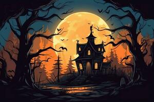 Haunted house on halloween celebration concept. Spooky house halloween background with deserted building and pumpkin. Scary house with creepy building at night by AI generated photo