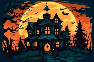 Haunted house on halloween celebration concept. Spooky house halloween background with deserted building and pumpkin. Scary house with creepy building at night by AI generated photo