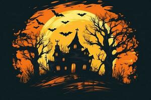 Haunted house on halloween celebration concept. Spooky house halloween background with deserted building and pumpkin. Scary house with creepy building at night by AI generated photo