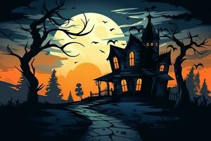 Haunted house on halloween celebration concept. Spooky house halloween background with deserted building and pumpkin. Scary house with creepy building at night by AI generated photo