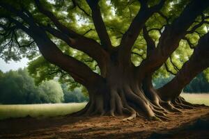 a large tree with large roots in the middle of a field. AI-Generated photo