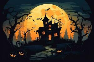 Haunted house on halloween celebration concept. Spooky house halloween background with deserted building and pumpkin. Scary house with creepy building at night by AI generated photo