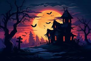 Haunted house on halloween celebration concept. Spooky house halloween background with deserted building and pumpkin. Scary house with creepy building at night by AI generated photo