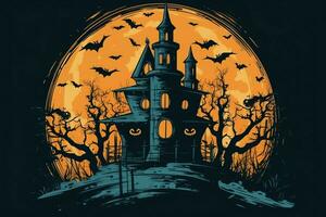 Haunted house on halloween celebration concept. Spooky house halloween background with deserted building and pumpkin. Scary house with creepy building at night by AI generated photo