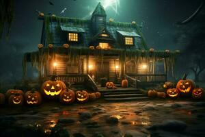 Haunted house on halloween celebration concept. Spooky house halloween background with deserted building and pumpkin. Scary house with creepy building at night by AI generated photo