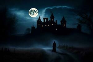 a dark castle in the night with a full moon. AI-Generated photo