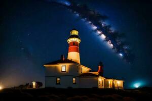 the milky way over the lighthouse at night. AI-Generated photo