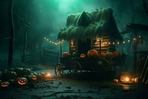 Haunted house on halloween celebration concept. Spooky house halloween background with deserted building and pumpkin. Scary house with creepy building at night by AI generated photo