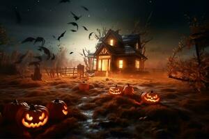 Haunted house on halloween celebration concept. Spooky house halloween background with deserted building and pumpkin. Scary house with creepy building at night by AI generated photo