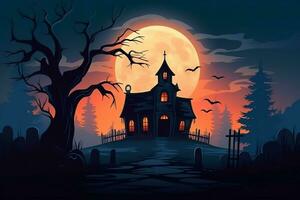 Haunted house on halloween celebration concept. Spooky house halloween background with deserted building and pumpkin. Scary house with creepy building at night by AI generated photo