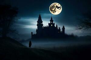 a castle in the dark with a full moon. AI-Generated photo