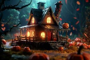 Haunted house on halloween celebration concept. Spooky house halloween background with deserted building and pumpkin. Scary house with creepy building at night by AI generated photo