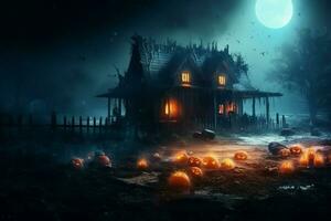 Haunted house on halloween celebration concept. Spooky house halloween background with deserted building and pumpkin. Scary house with creepy building at night by AI generated photo