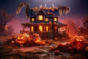 Haunted house on halloween celebration concept. Spooky house halloween background with deserted building and pumpkin. Scary house with creepy building at night by AI generated photo