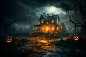 Haunted house on halloween celebration concept. Spooky house halloween background with deserted building and pumpkin. Scary house with creepy building at night by AI generated photo