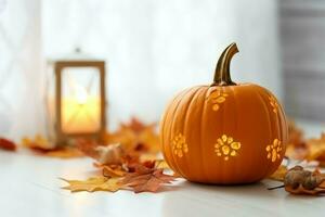 Decorative pumpkin background and dry autumn leaves on wooden arrangement indoors. Halloween concept by AI generated photo