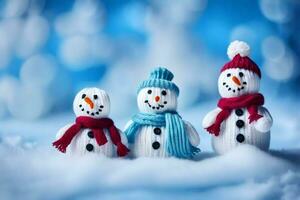 three snowmen wearing scarves and hats. AI-Generated photo