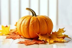 Decorative pumpkin background and dry autumn leaves on wooden arrangement indoors. Halloween concept by AI generated photo