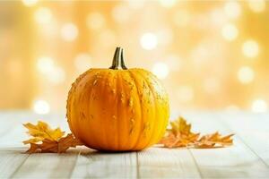 Decorative pumpkin background and dry autumn leaves on wooden arrangement indoors. Halloween concept by AI generated photo