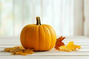 Decorative pumpkin background and dry autumn leaves on wooden arrangement indoors. Halloween concept by AI generated photo