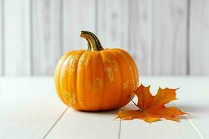 Decorative pumpkin background and dry autumn leaves on wooden arrangement indoors. Halloween concept by AI generated photo