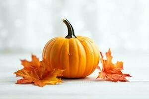 Decorative pumpkin background and dry autumn leaves on wooden arrangement indoors. Halloween concept by AI generated photo