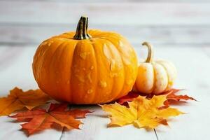 Decorative pumpkin background and dry autumn leaves on wooden arrangement indoors. Halloween concept by AI generated photo