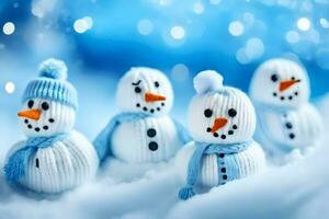 muñecos de nieve en azul y blanco tejer sombreros y bufandas. generado por ai foto